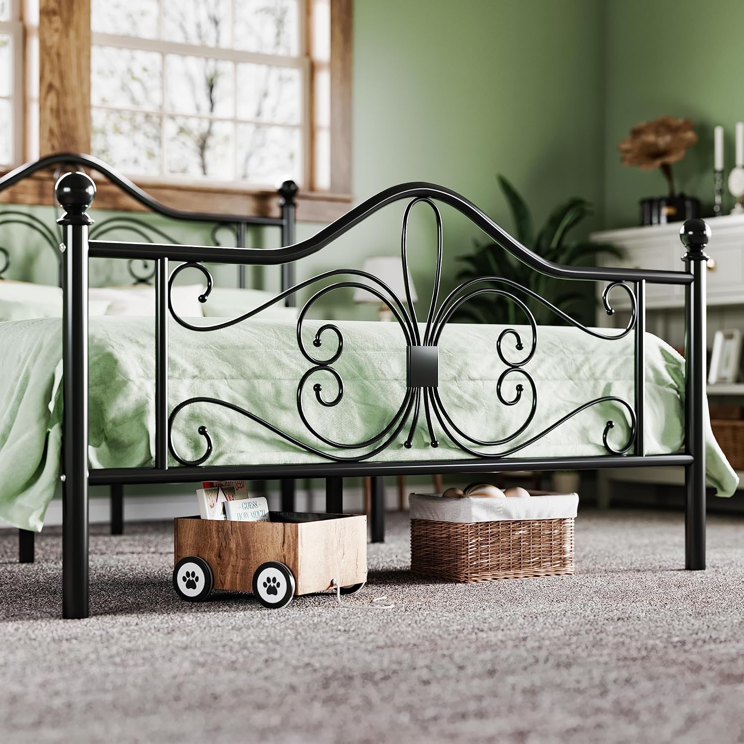 Allewie Queen Size Bed Frame with Headboard,Metal Bed Frame with Butterfly Pattern Design Headboard & Footboard,No Box Spring Needed,Easy Assembly,Black