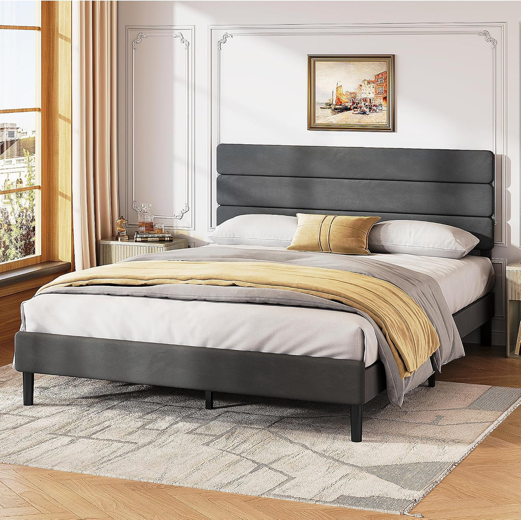 WLIVE Upholstered Bed Frame, Queen Bed Frame with Headboard, Platform Bed with Wood Slats, 1500LBS Mattress Foundation, No Box Spring Needed, Easy Assembly, Velvet Grey