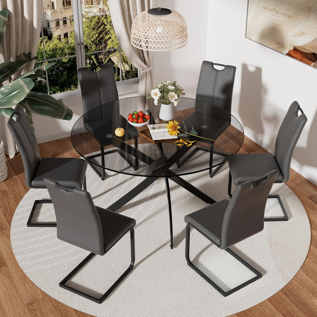 RGZ 7 Pieces Modern Round Kitchen Set, Clear Grey Circle Glass Dining Table with Dark Grey PU Faux Leather Chairs Set of 6, 47'' Large Luxury Circular Dinner Room Set, for Leisure Apartment (Black)