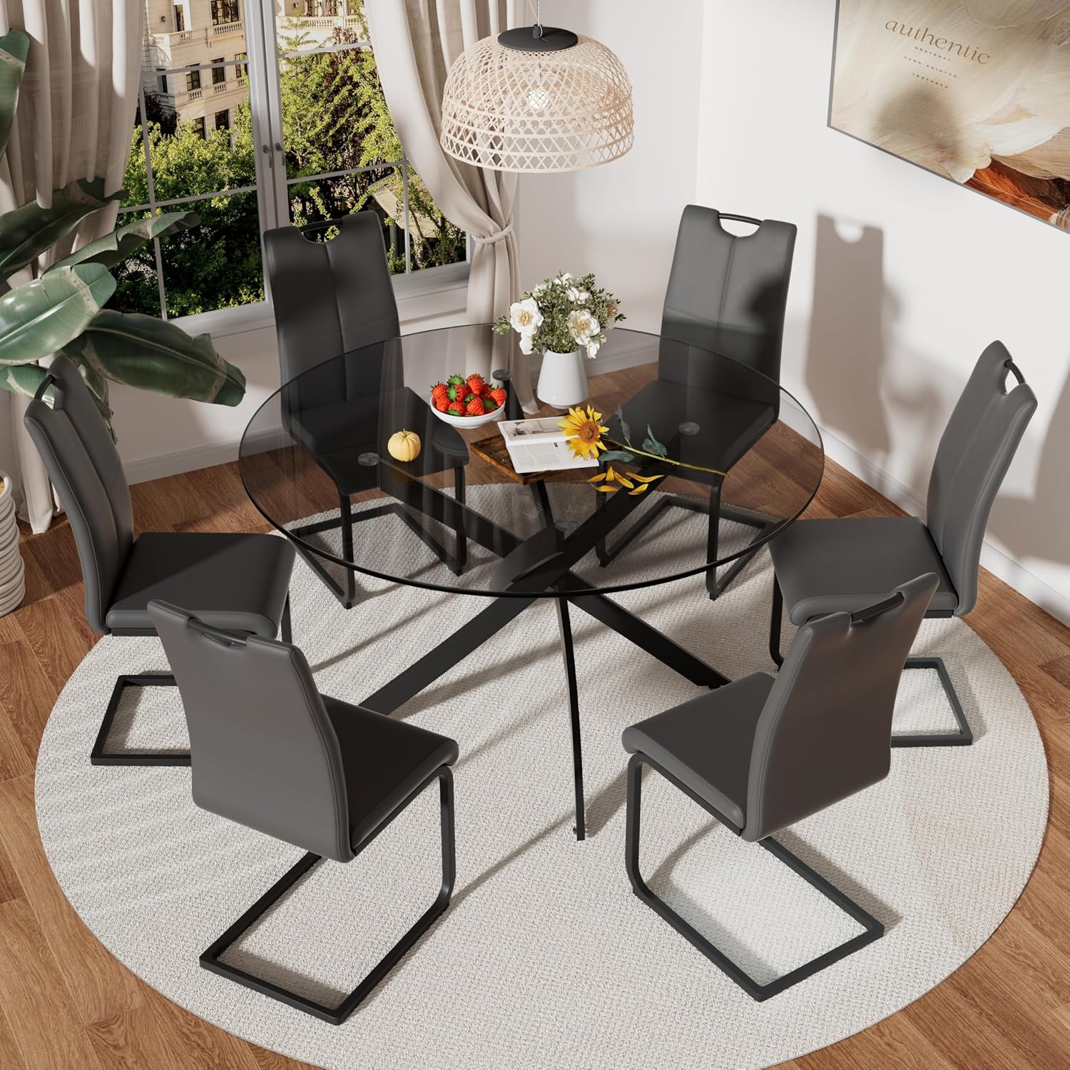 RGZ 7 Pieces Modern Round Kitchen Set, Clear Grey Circle Glass Dining Table with Dark Grey PU Faux Leather Chairs Set of 6, 47'' Large Luxury Circular Dinner Room Set, for Leisure Apartment (Black)