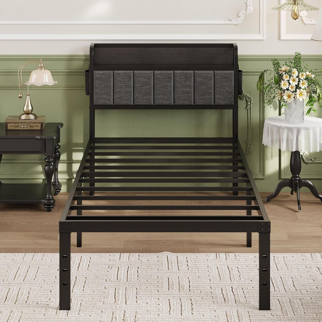 Lutown-Teen 16 Inch Twin Bed Frames with Upholstered Storage Headboard, Heavy Duty Twin Platform Bed No Box Spring Needed, Noise Free, Easy Assembly, Gray