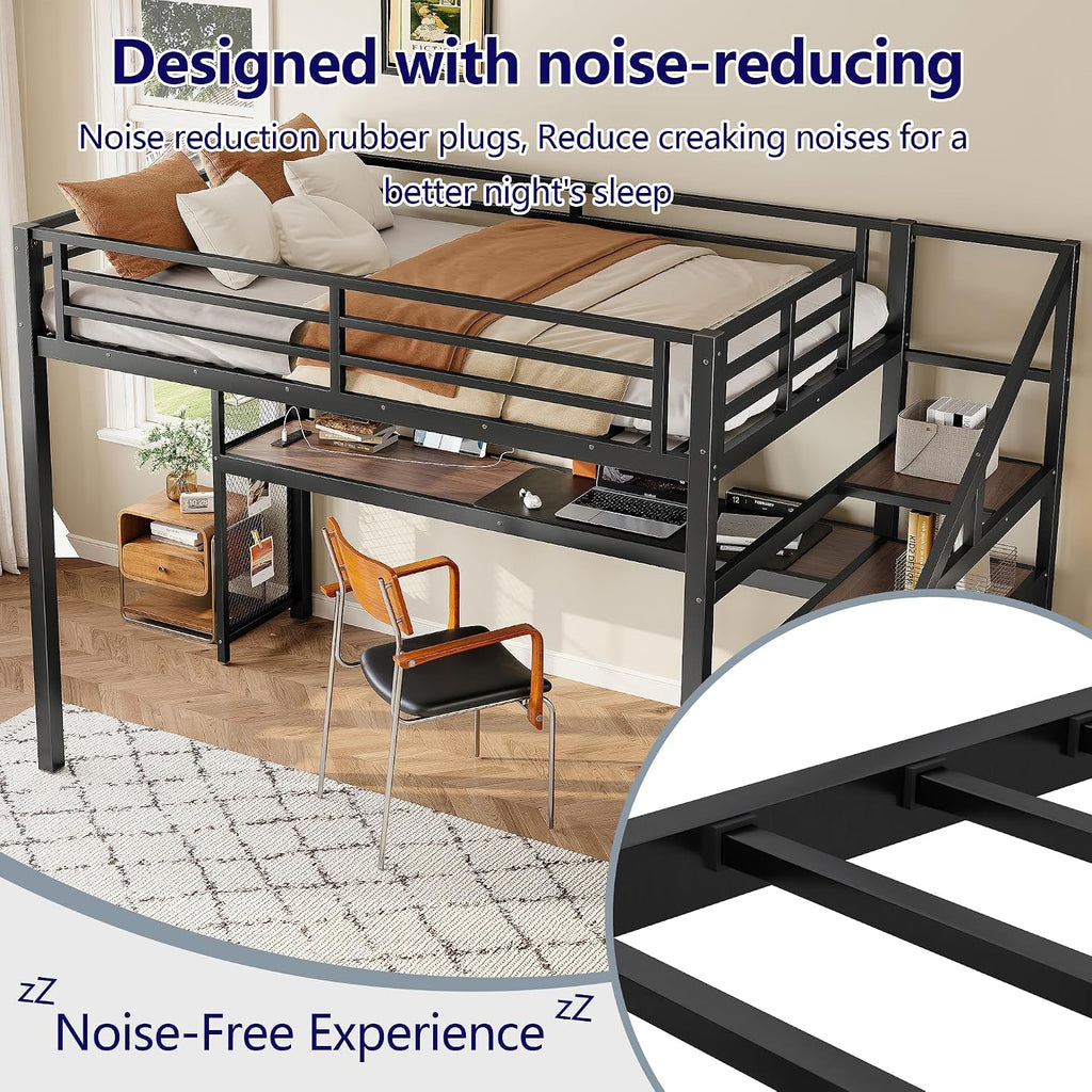 Bellemave Twin XL Loft Bed with Desk & Storage Stairs, Metal Twin XL Loft Bed Frame with Iron Nets, LED Lights & USB Ports, Heavy Duty Adult Loft Beds for Kids, Teens, Adults, Noise-Free, Black