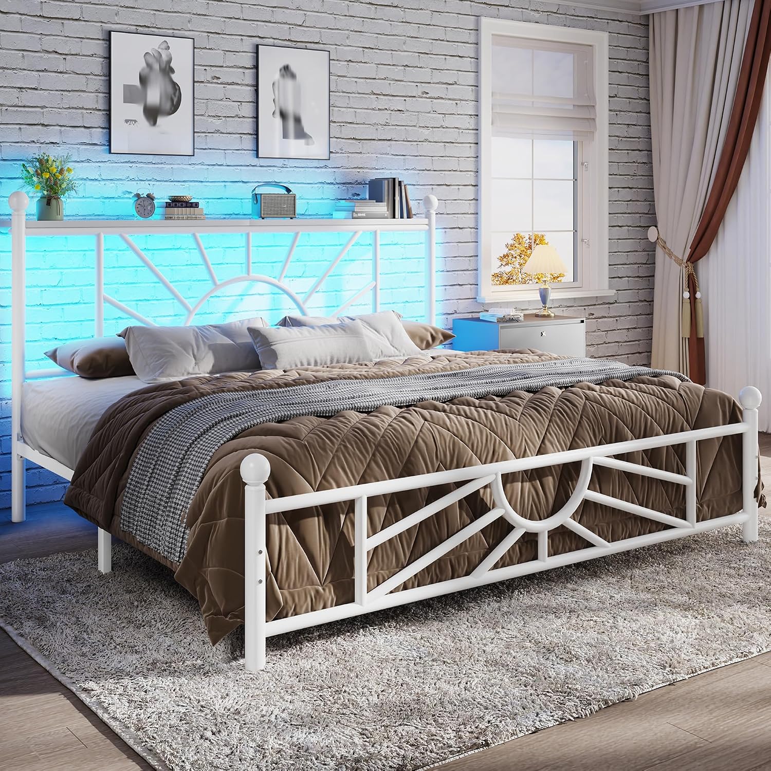 Homkdom 14 inch Queen Size Metal Bed Frame Platform with Storage Headboard, Victorian Metal Bed Frame with Under Bed Storage/No Box Spring Needed/Noise-Free/Easy Assembly, White