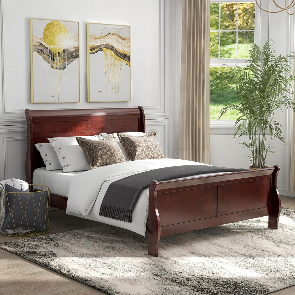 Furniture of America Louis Philippe Traditional Wood Bed Frame with Headboard and Footboard, Elegant Sleigh Design Bedframe for Bedroom, Guest Room, Easy Assembly, Box Spring Required, Full, Cherry