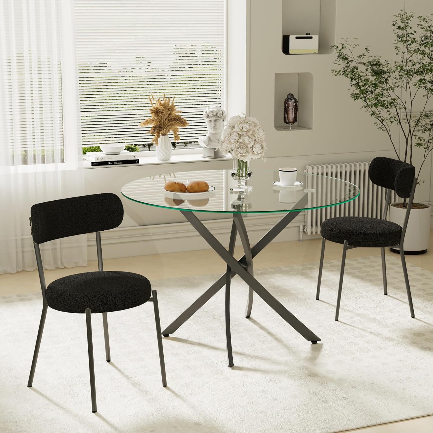 RGZ Modern Round Kitchen Table Set for 2, 36'' Clear Minimalist Glass Circular Top Dining Table Set, 3 PCS Luxury Circular Dinner Set with Black Boucle Chairs, for Small Apartment Café Home (Black)