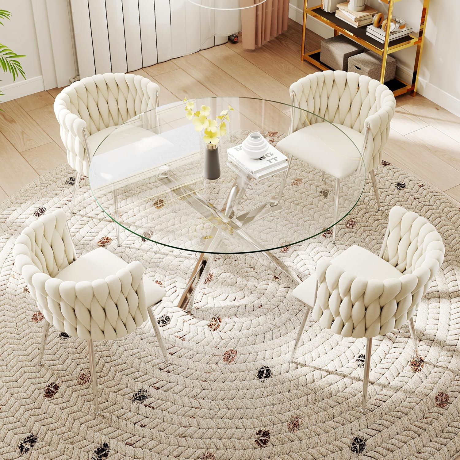 Silver Luxury Round Dining Table Set for 4, 47'' Modern Minimalist Circle Kitchen Table Set, 5 Pcs Large Clear Circular Glass Top Dinner Set, Ivory Woven Chairs Set, for Bedroom Breakfast Nook