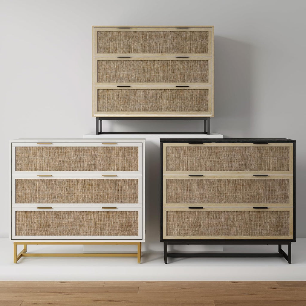 Nathan James Kova Boho Dresser or Storage Cabinet with Drawers for Bedroom or Nursery with Textilene Rattan Accent and Metal Legs, Black Oak, Set of 3
