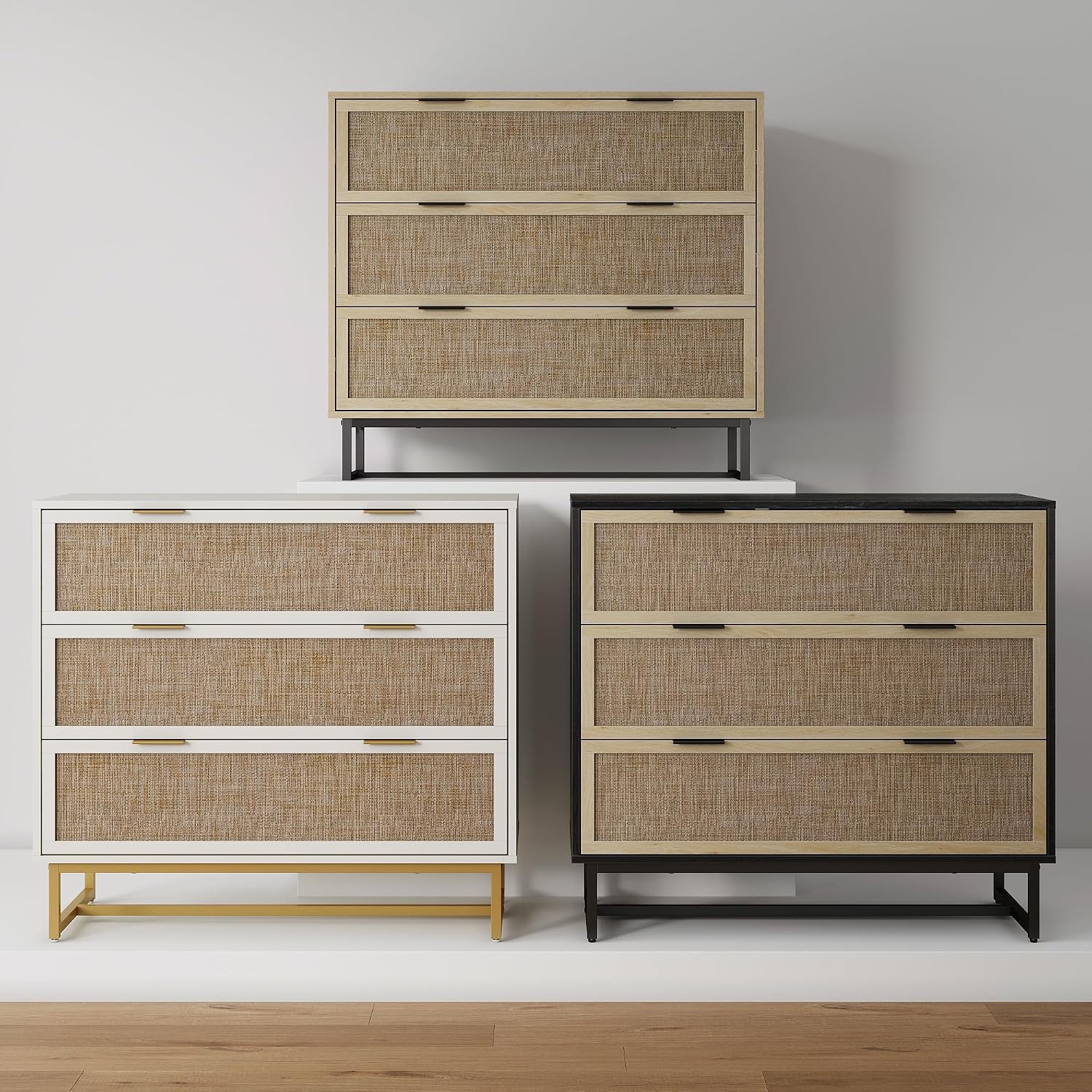 Nathan James Kova Boho Dresser or Storage Cabinet with Drawers for Bedroom or Nursery with Textilene Rattan Accent and Metal Legs, Black Oak, Set of 2