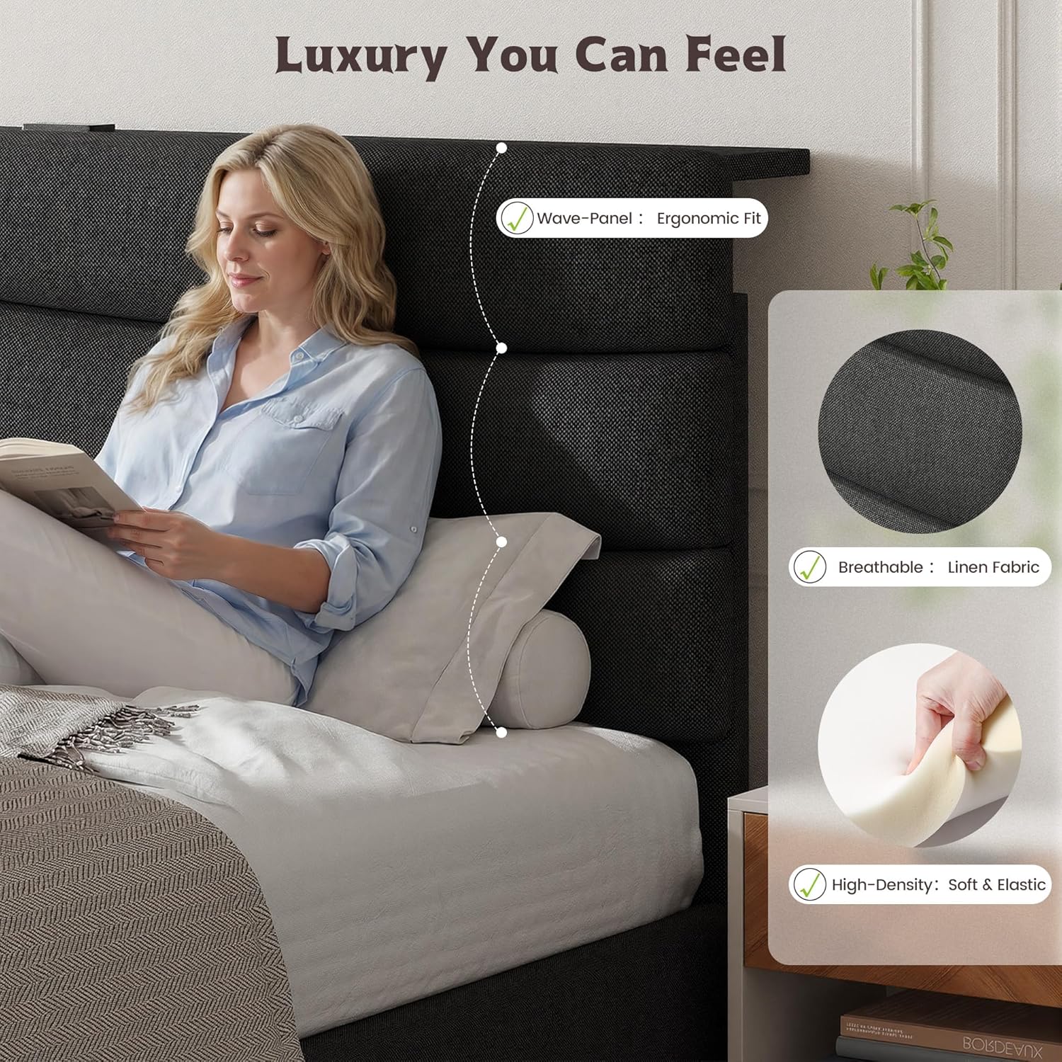 EnHomee Queen Bed Frame with Adjustable Height Upholstered Headboard, 3 USB Charging Ports, Noise-Free Platform Bed, No Box Spring Needed, Grey