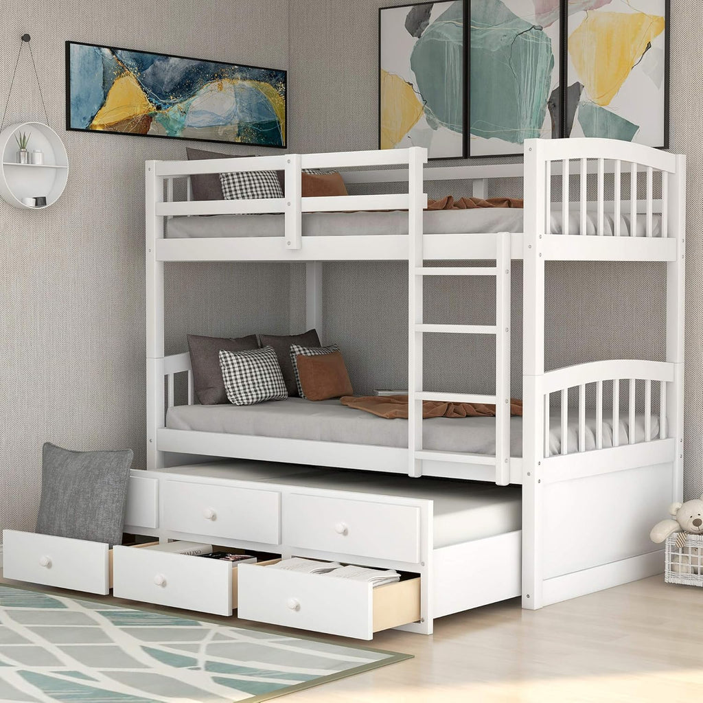 Harper & Bright Designs Twin Over Twin Bunk Bed with Trundle and Storage, Solid Wood Bunk Bed Frame with 3 Drawers for Kids, Teens, Adults (White)