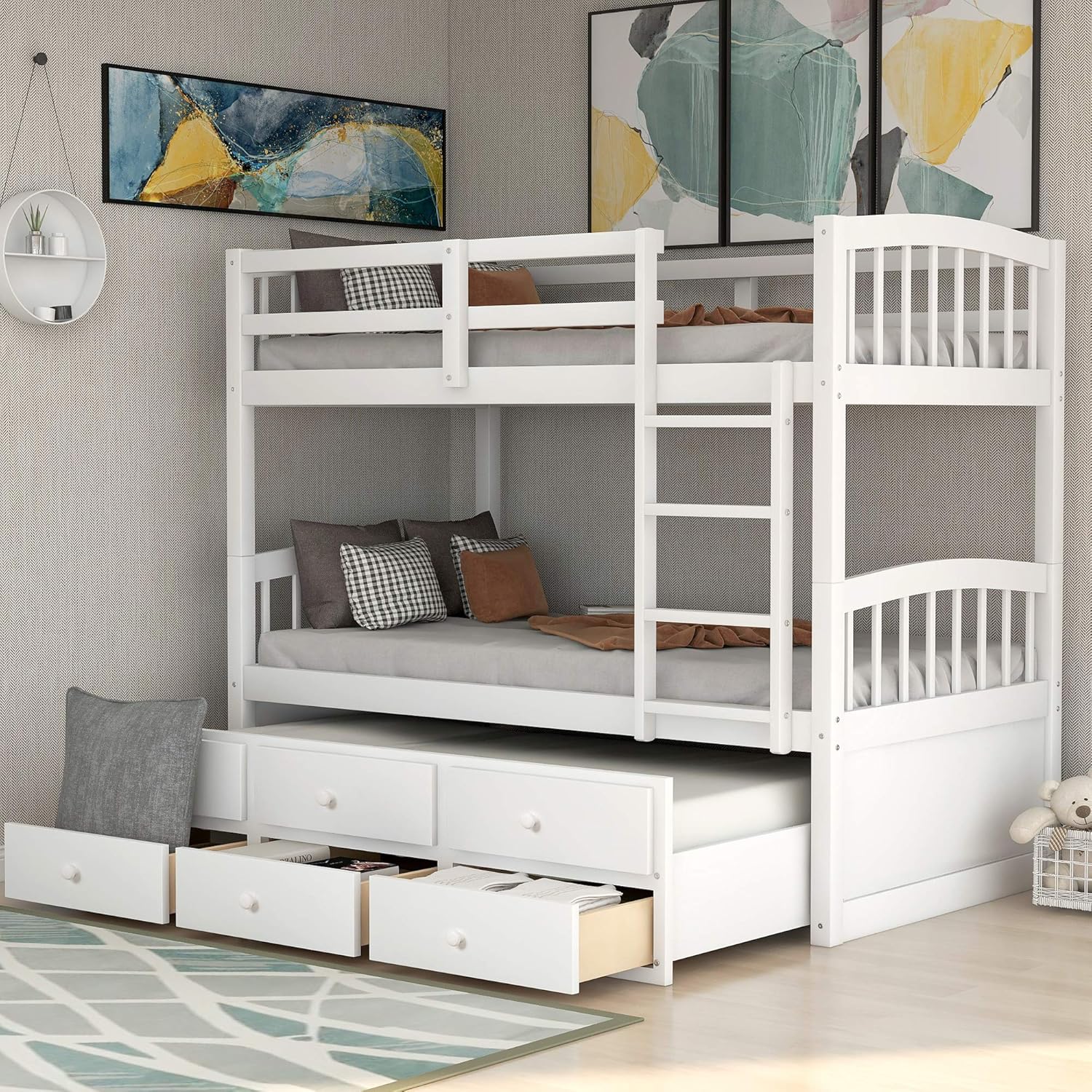 Harper & Bright Designs Twin Over Twin Bunk Bed with Trundle and Storage, Solid Wood Bunk Bed Frame with 3 Drawers for Kids, Teens, Adults (White)