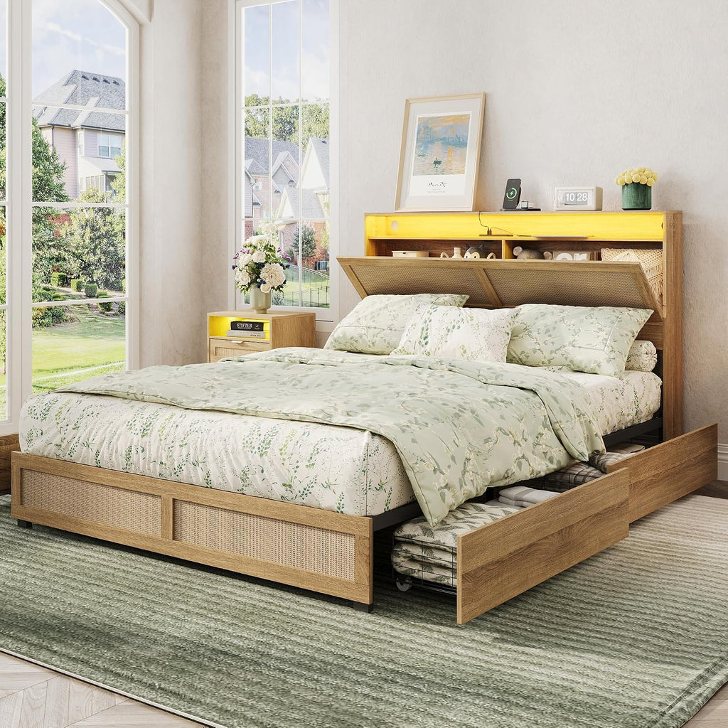 Maupvit Full Size Boho Bed Frame with Rattan Hidden Storage Headboard, LED Light and 4 Drawers, Charging Station, Metal Platform Bed, No Box Spring Needed,Brown