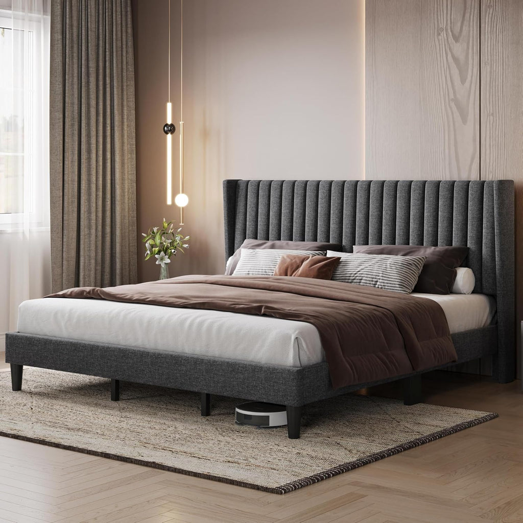 Yaheetech King Bed Frame Upholstered Platform Bed with Fabric Headboard, Wing Edge Design/Non-Slip and Noise-Free/Wooden Slats Support/No Box Spring Needed/Easy Assembly, Dark Gray King Bed
