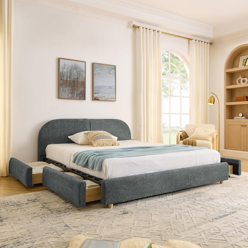 Queen Size Floor Bed Frame with 4 Wheeled Storage Drawer and Tall Curved Headboard, Modern Minimalist Style Upholstered Platform Bed Frame, Wooden Slats Support, Easy Assembly, Dark Grey