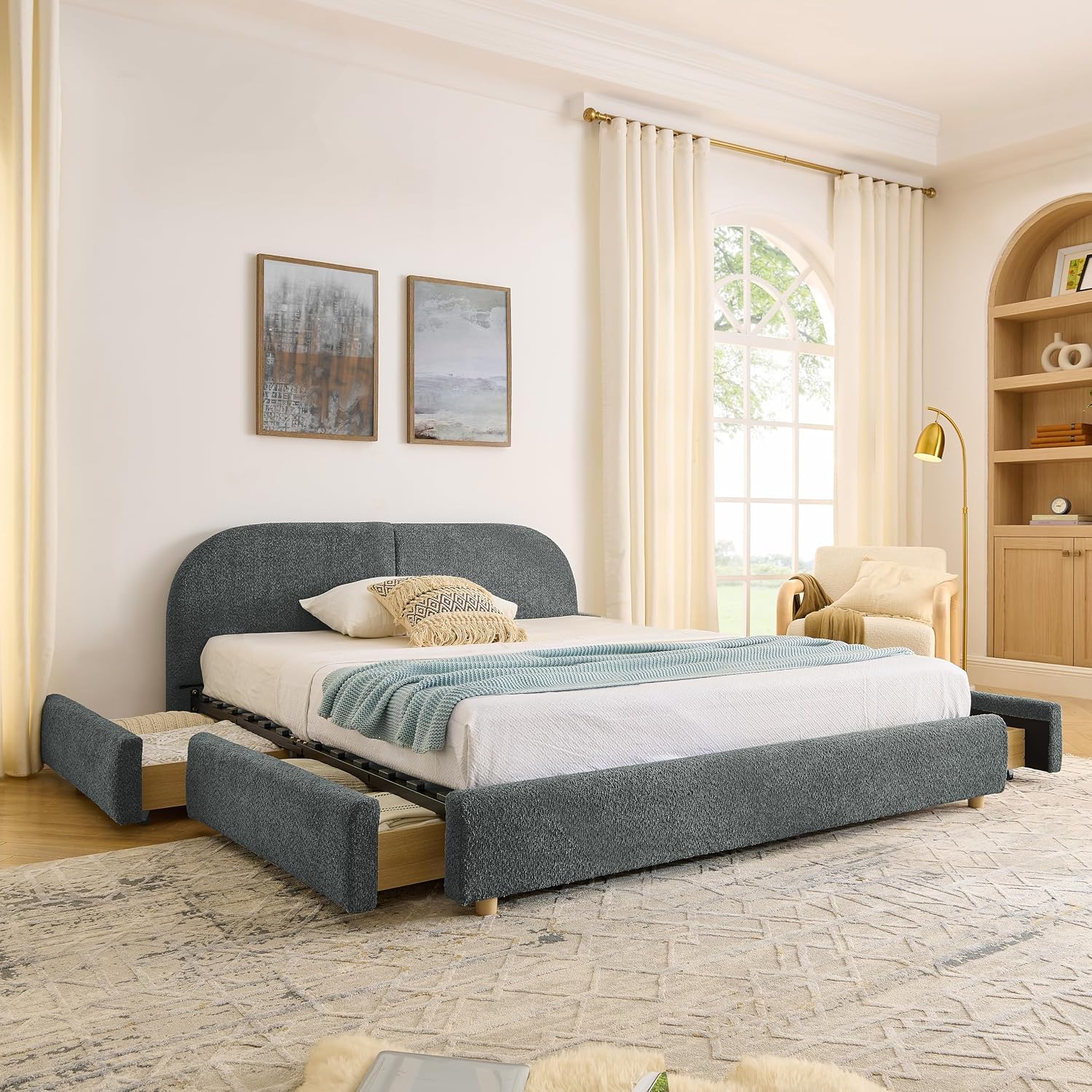 Queen Size Floor Bed Frame with 4 Wheeled Storage Drawer and Tall Curved Headboard, Modern Minimalist Style Upholstered Platform Bed Frame, Wooden Slats Support, Easy Assembly, Dark Grey