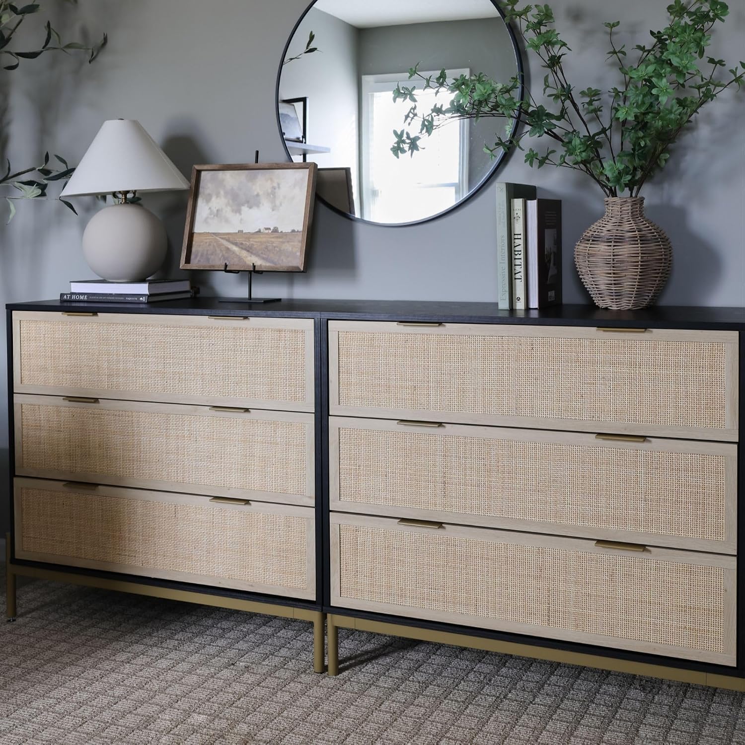 Nathan James Andrew 3-Drawer Chest Rattan Dresser, Bohemian Deep Drawer Dresser for Bedroom with Natural Rattan Accent and Metal Legs, Matte Black