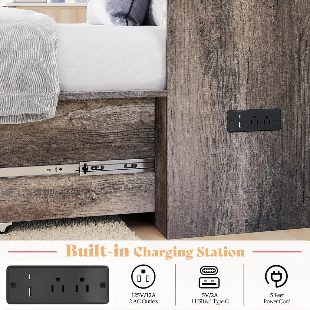 AMERLIFE Twin Murphy Bed Cabinet with Charging Station and Storage Drawer, Farmhouse Foldable Platform Bed for Home Office, Apartment, Small Spaces, Rustic Grey