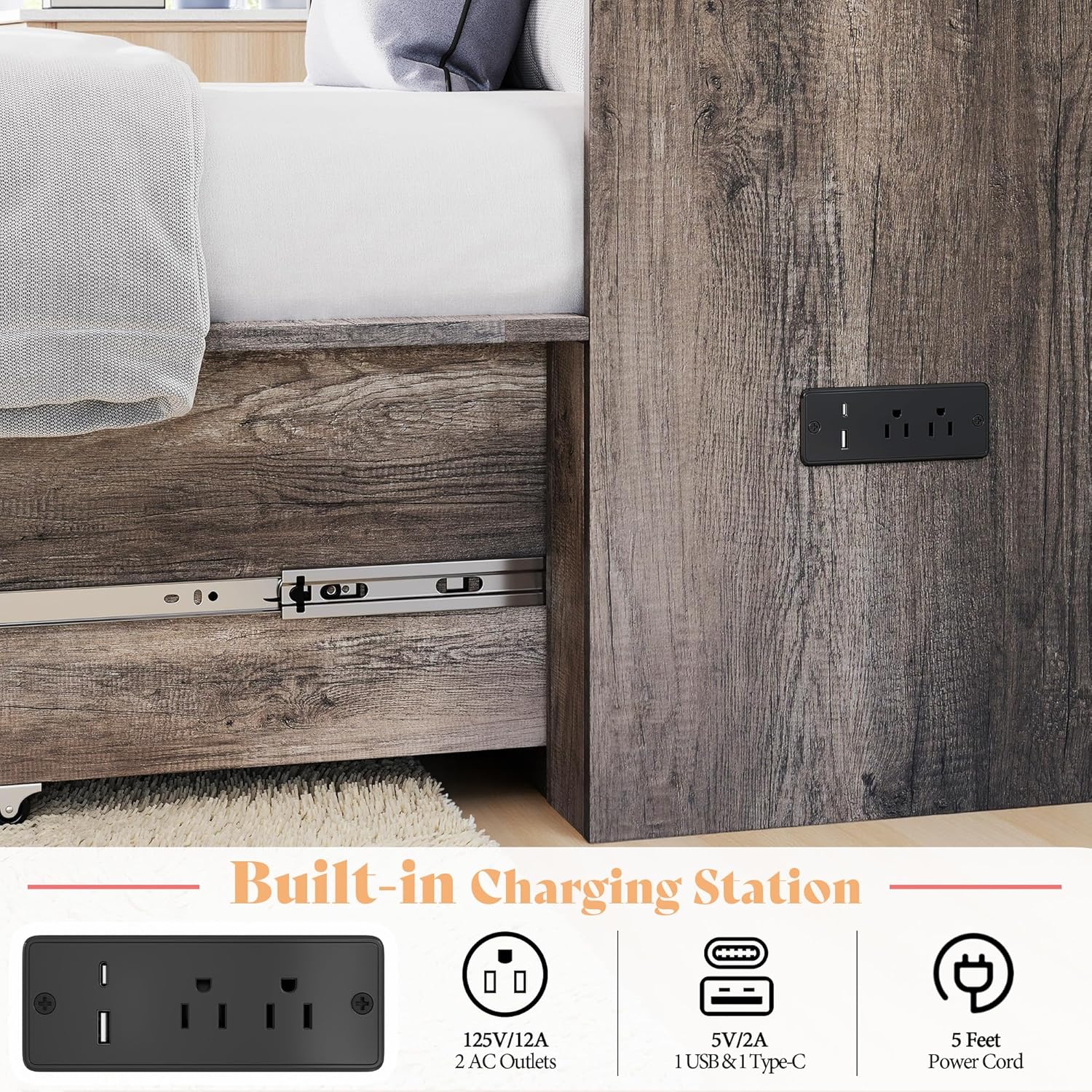 AMERLIFE Twin Murphy Bed Cabinet with Charging Station and Storage Drawer, Farmhouse Foldable Platform Bed for Home Office, Apartment, Small Spaces, Rustic Grey