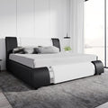 SHA CERLIN Modern Faux Leather King Bed Frame with Adjustable Headboard and Iron Accents, Deluxe Upholstered Platform Bed with Solid Wooden Slats Support - White + Black
