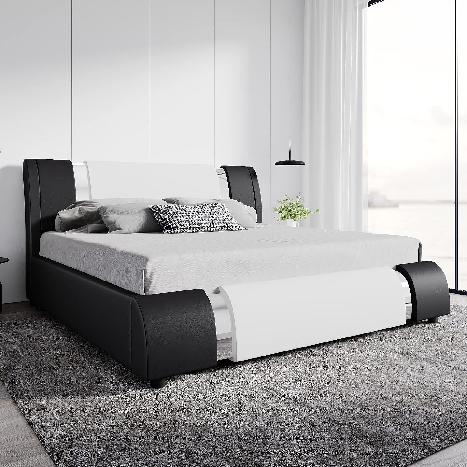 SHA CERLIN Modern Faux Leather King Bed Frame with Adjustable Headboard and Iron Accents, Deluxe Upholstered Platform Bed with Solid Wooden Slats Support - White + Black