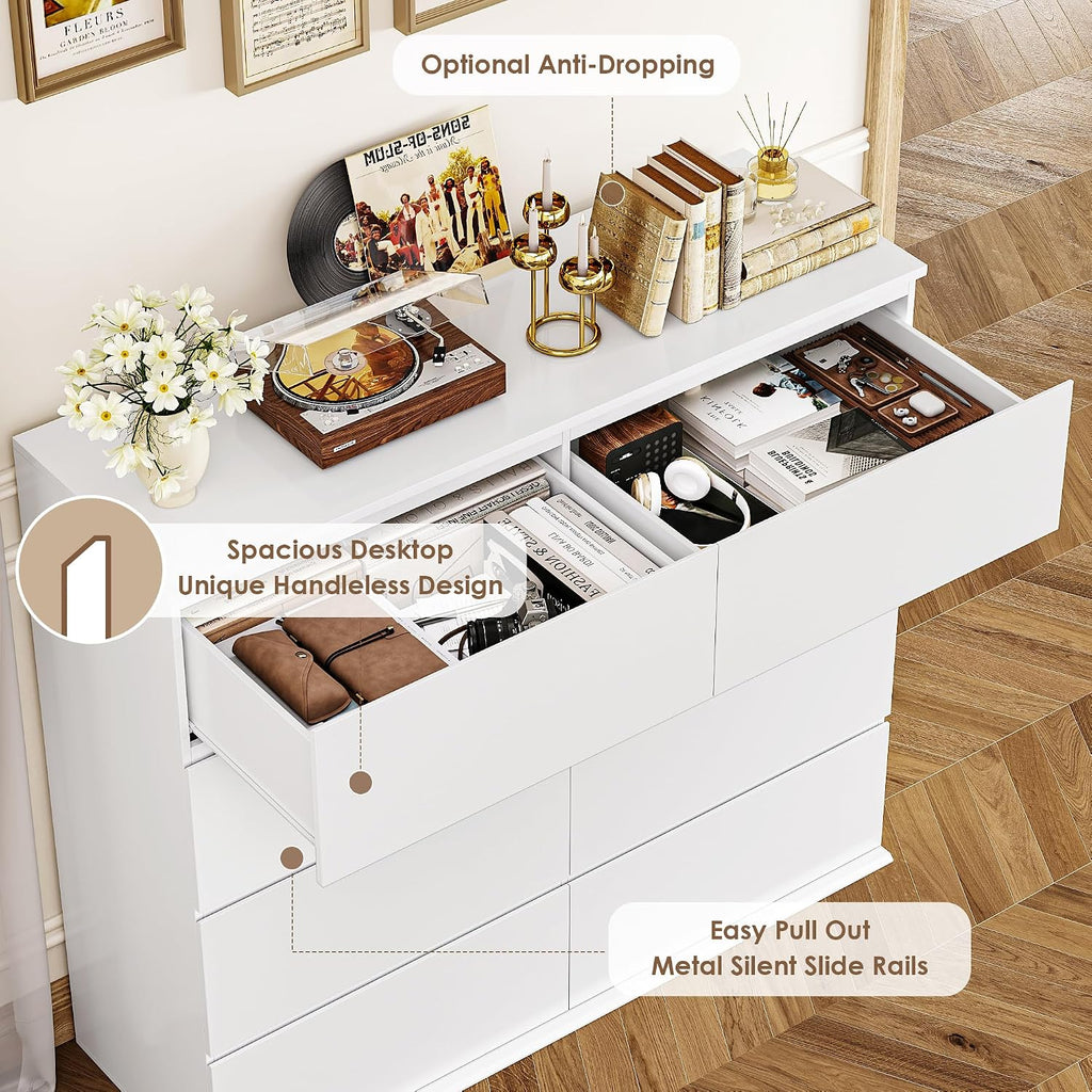 FINETONES 8 Drawer Dresser for Bedroom, White Dresser Double Chest of Drawers, Modern Wood Dressers with Deep Drawers for Living Room,White