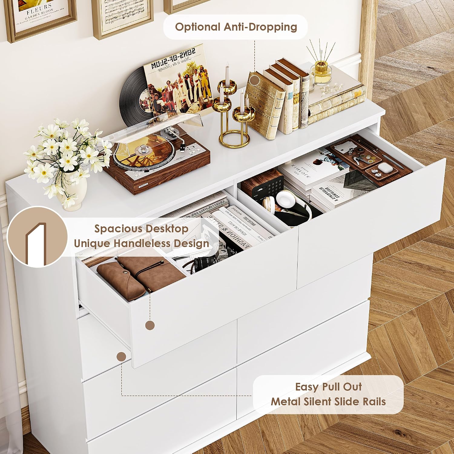 FINETONES 8 Drawer Dresser for Bedroom, White Dresser Double Chest of Drawers, Modern Wood Dressers with Deep Drawers for Living Room,White