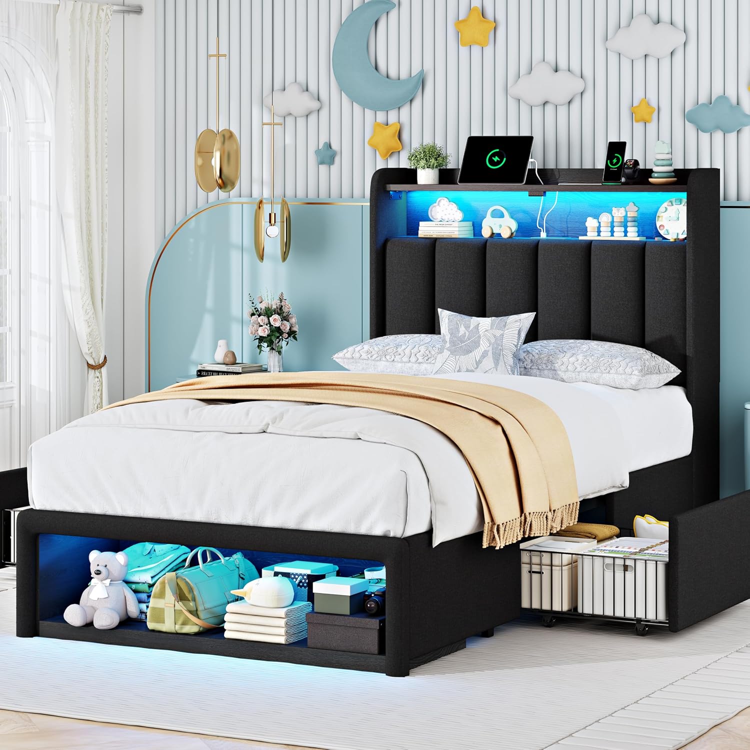 ChicZhiNest Twin Bed Frame with 2 Storage Drawers, LED Headboard with Charging Station, Upholstered Bed for Kids Boy with Wooden Slats & Footboard Cubbies, No Box Spring Needed, Black