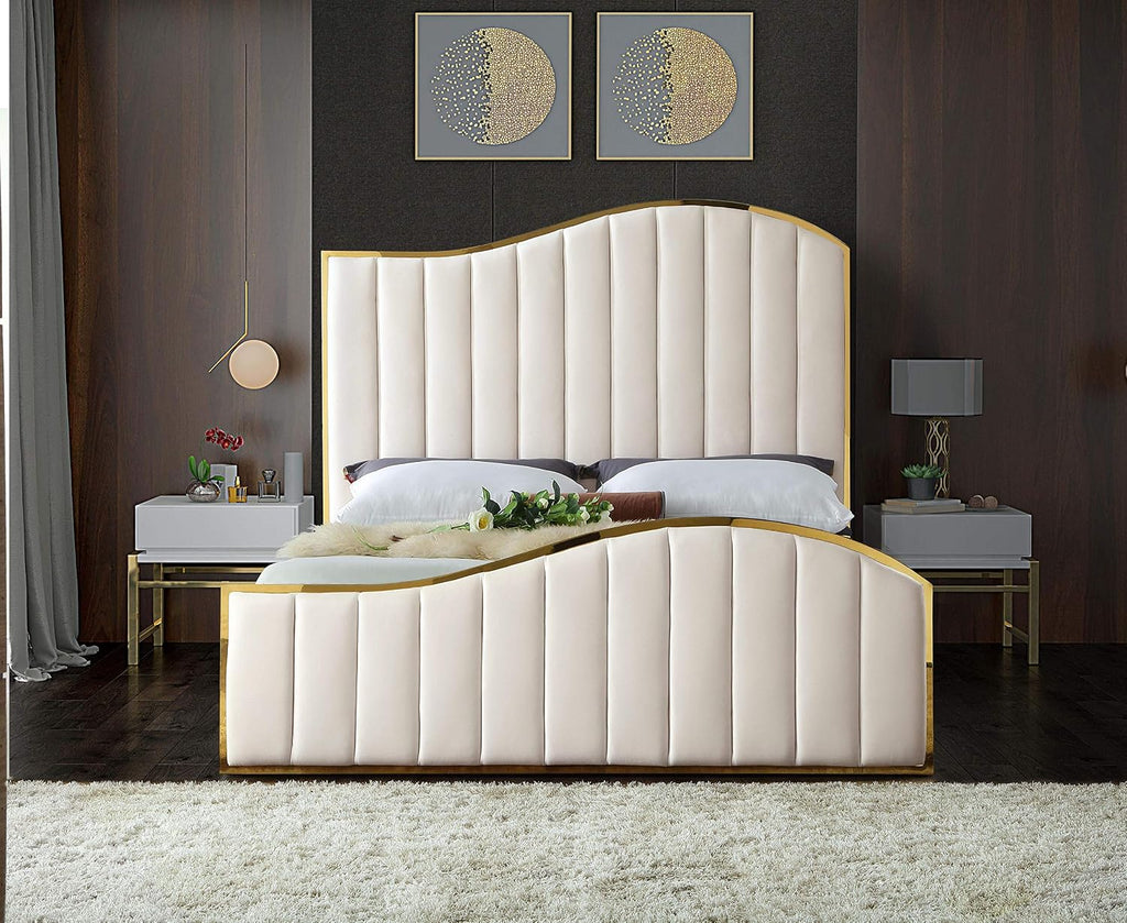 Meridian Furniture Jolie Collection Modern | Contemporary Velvet Upholstered Bed With Channel Tufting, And Polished Gold Metal Frame, Cream, Queen