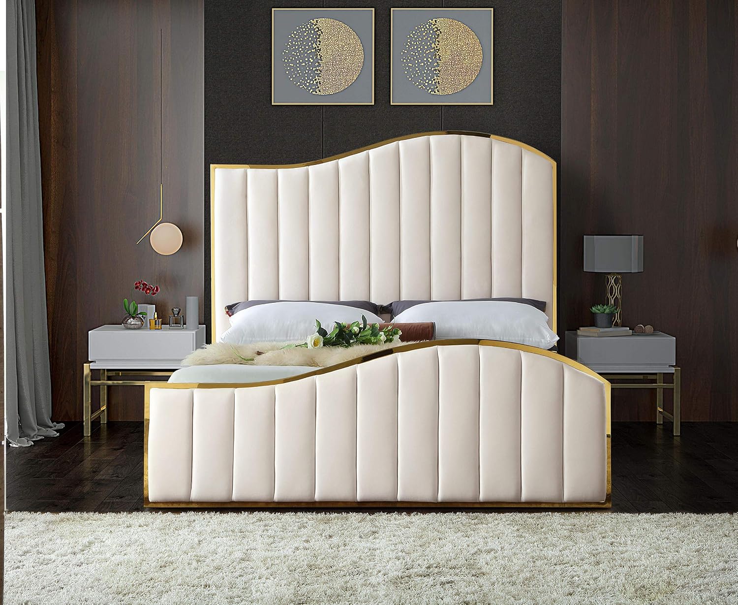 Meridian Furniture Jolie Collection Modern | Contemporary Velvet Upholstered Bed With Channel Tufting, And Polished Gold Metal Frame, Cream, Queen