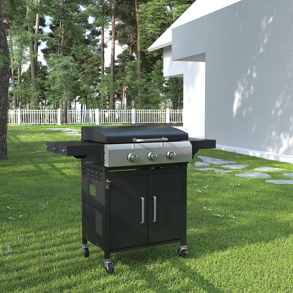 DIFY 3-Burner Propane Gas Griddle Grill, 28 in Flat Top Griddle Grill with Porcelain-Enameled Grates and Stainless Steel Frying Pan, 36000 BTU Output Barbecue Grills for Outdoor Barbecue