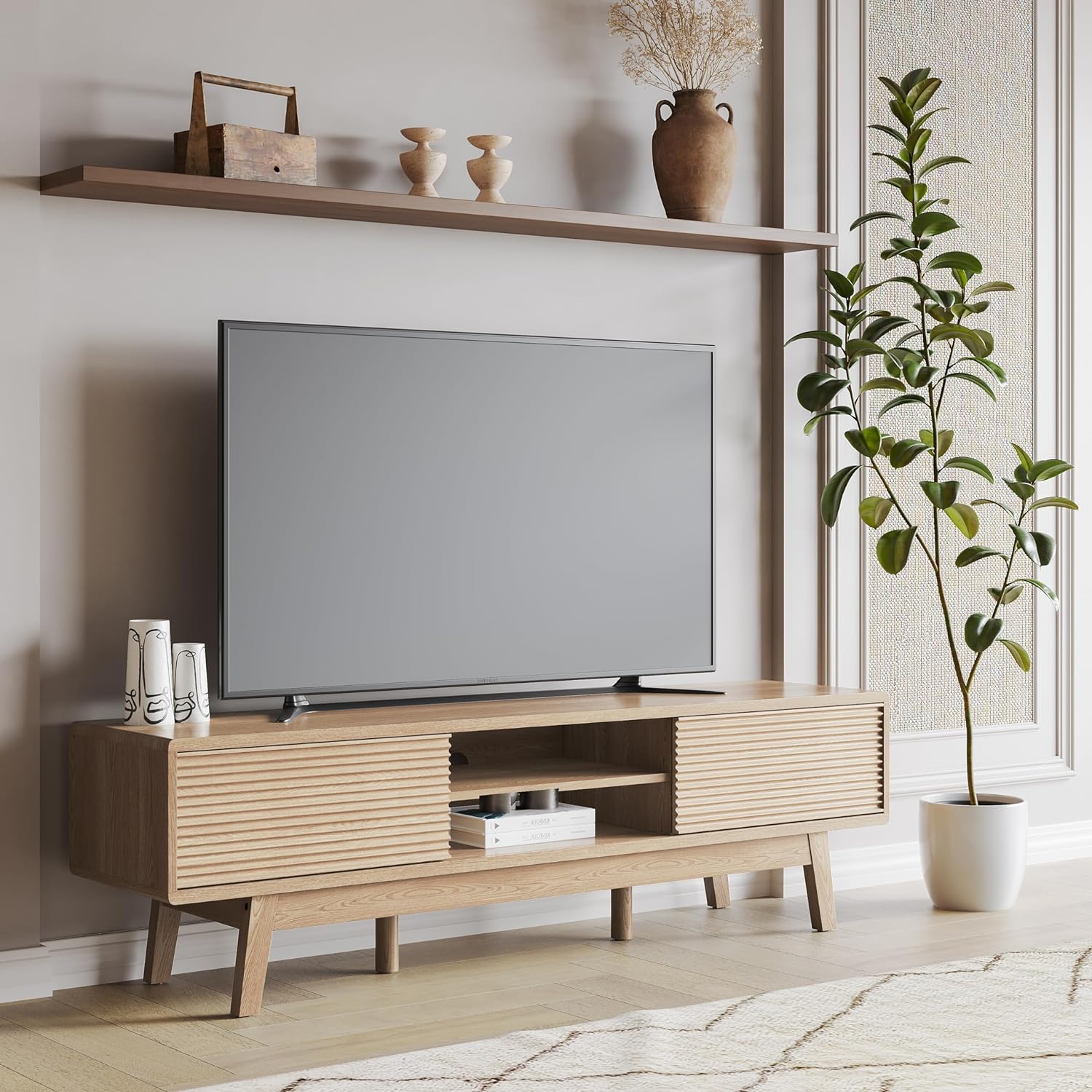 TOLEAD 59' TV Console, Mid Century Modern TV Stand for 55/60/65 Inch TV, Low Profile Media Console with Fluted Sliding Doors, Boho Wood Credenza for Living Room, Oak