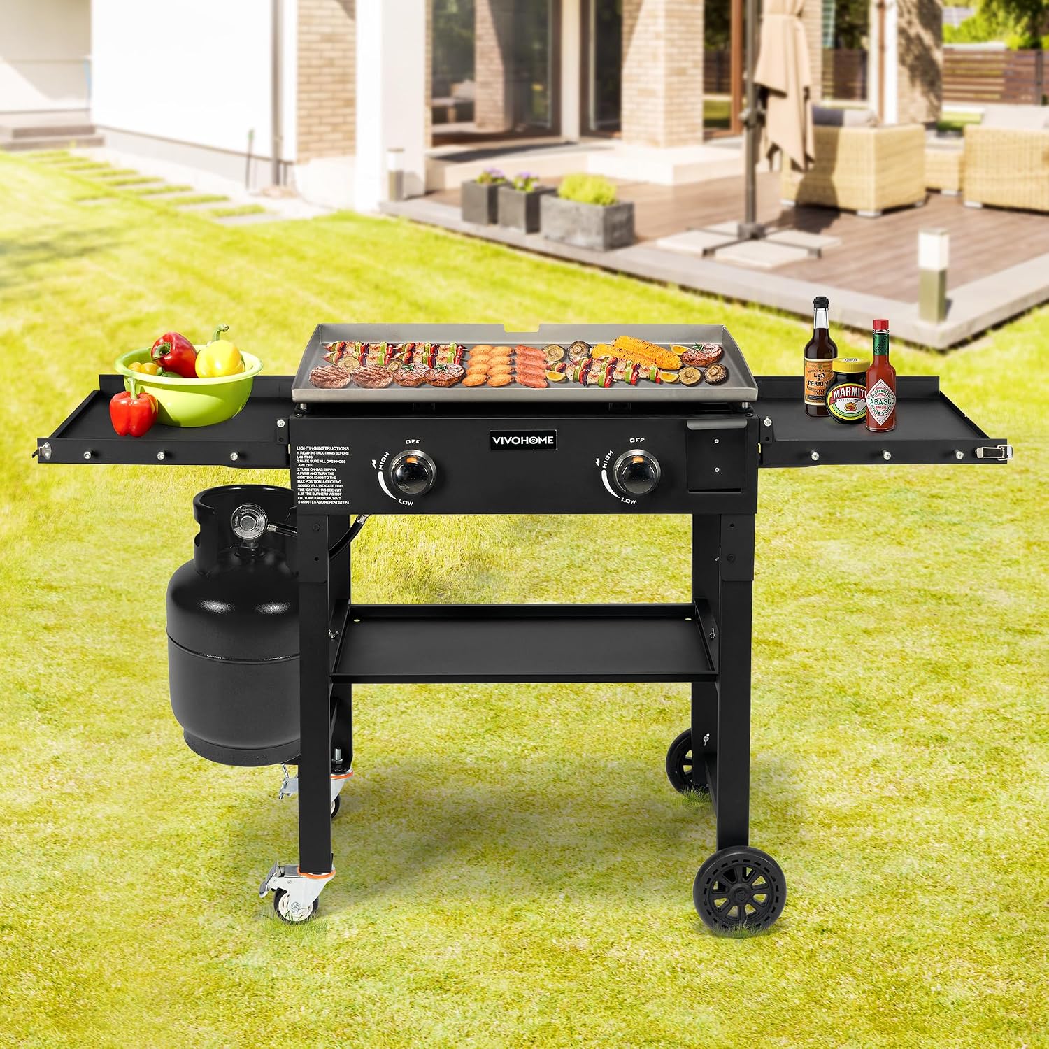 VIVOHOME 2-Burner 30,000 BTU Propane Gas Grill, Folding Flat Top Grill with Side Shelves, Picnics & Family BBQ, Heavy-Duty Rust-Resistant Griddle