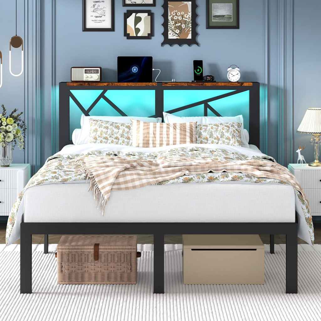DynJest Full Size Metal Bed Frame with LED Lights, Storage Headboard with Charging Station, Modern Full Platform Bed with Heavy Duty Supports, No Box Spring Needed, Noise Free, Easy Assembly, Black