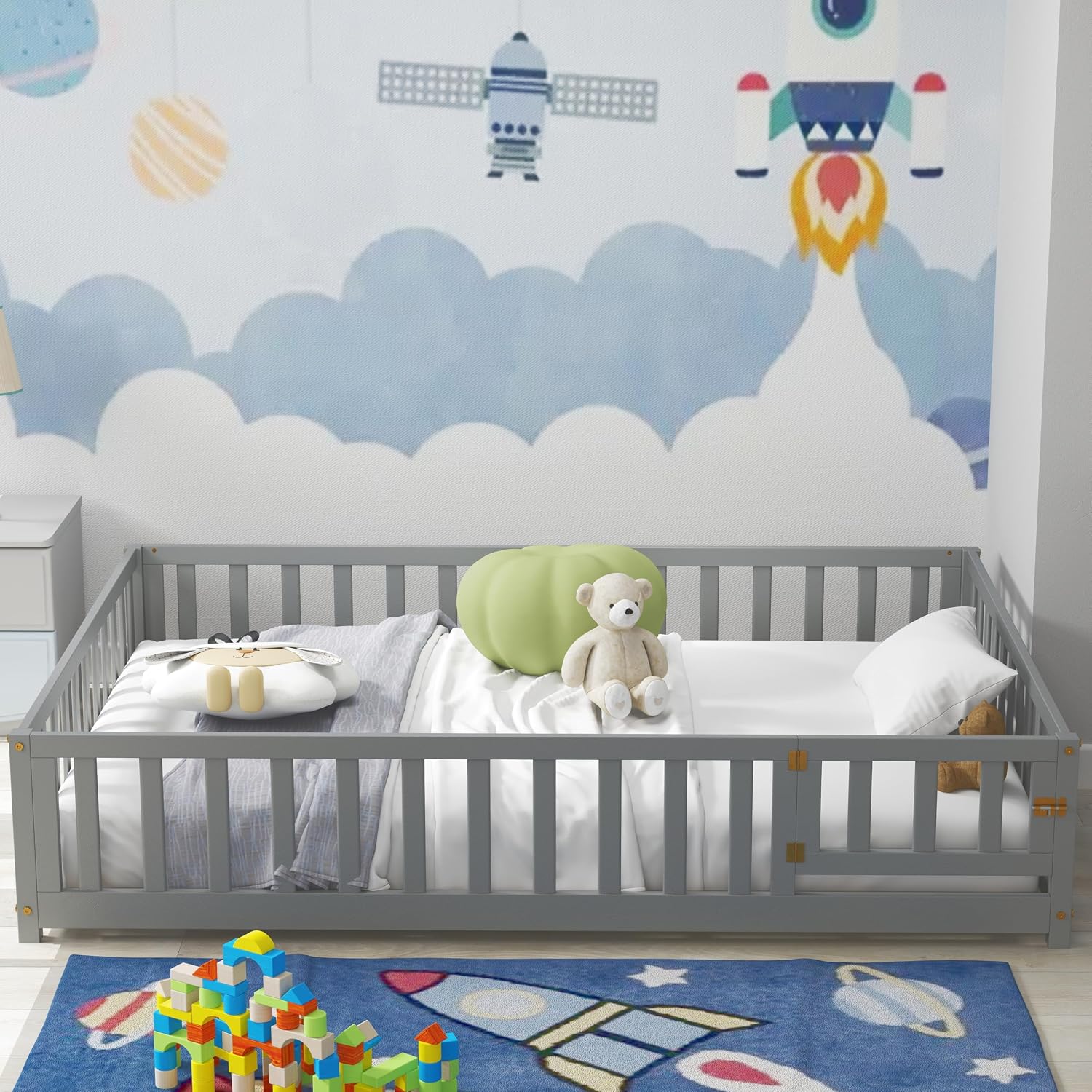 KOMFOTT Full Size Wood Floor Bed with Door & Fence, Montessori Bed Frame with Full Length Safety Guardrails, Slats Support, Door & Latch, Wooden Montessori Floor Bed, No Box Spring Needed (Grey)