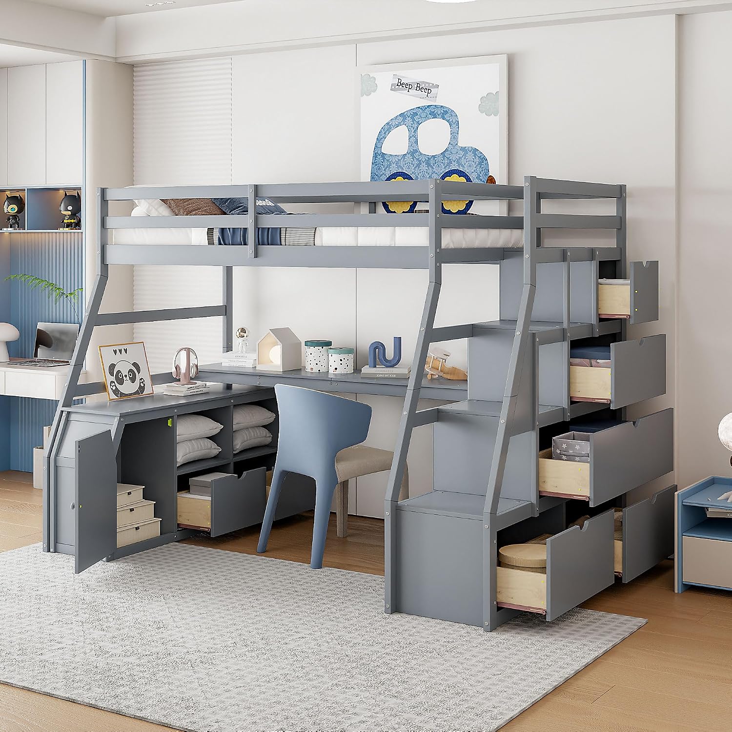 Bellemave Full Loft Bed with Desk & Storage Stairs Wood Loft Beds with Cabinet and 7 Drawers and 2 Shelves High Loft Bed Frame with Step for Kids, Juniors, Teen, Boys, Girls, Grey