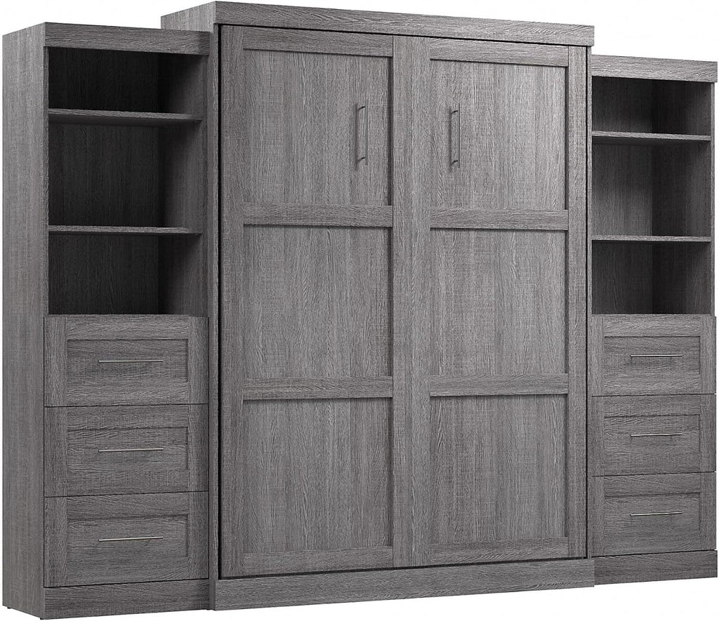 Bestar Pur Queen Murphy Bed and 2 Shelving Units with Drawers, 115-inch Space-Saving Sleeping Arrangement in Bark Grey