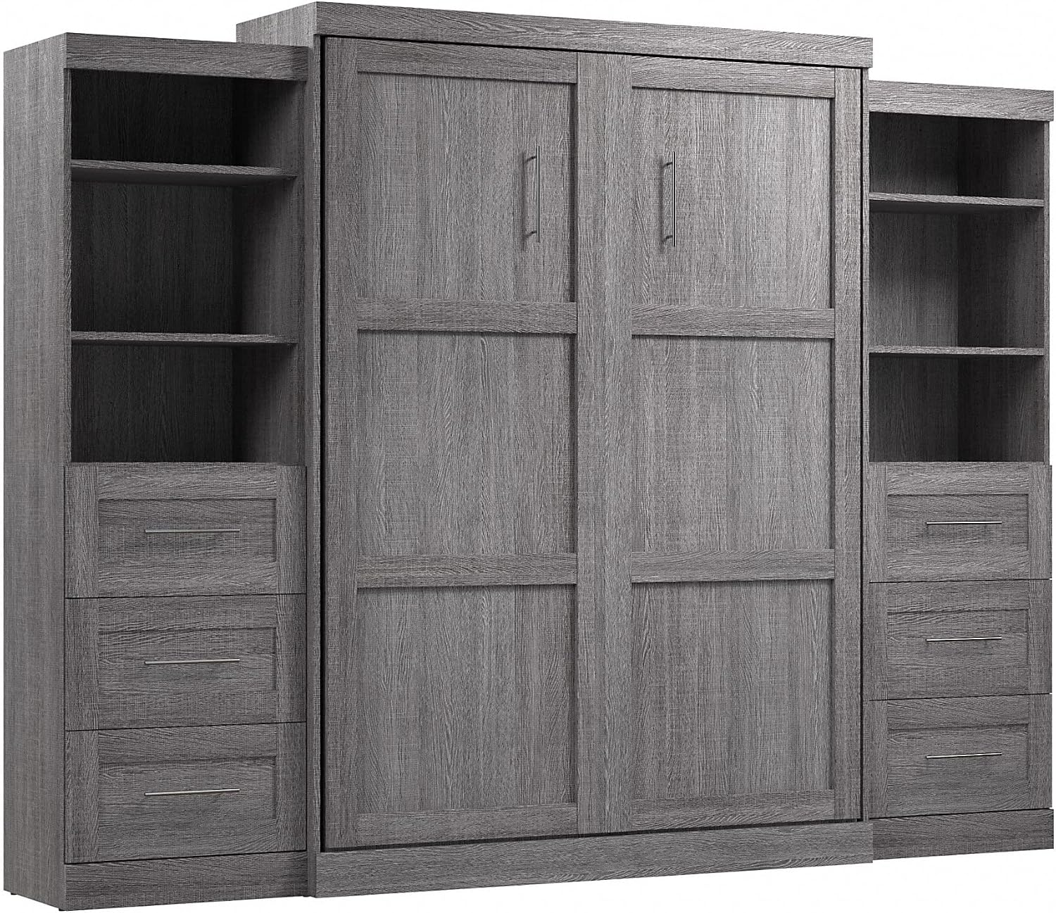 Bestar Pur Queen Murphy Bed and 2 Shelving Units with Drawers, 115-inch Space-Saving Sleeping Arrangement in Bark Grey