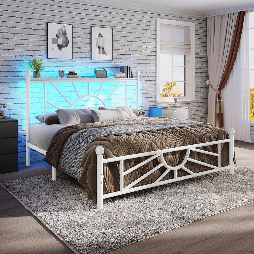 Homkdom 14 inch Full Size Metal Platform Bed Frame with Headboard, Victorian Full Size Bed Frame with Strong Metal Slats, No Box Spring Needed, Noise-Free, Easy Assembly, Suitable for Bedrooms, White