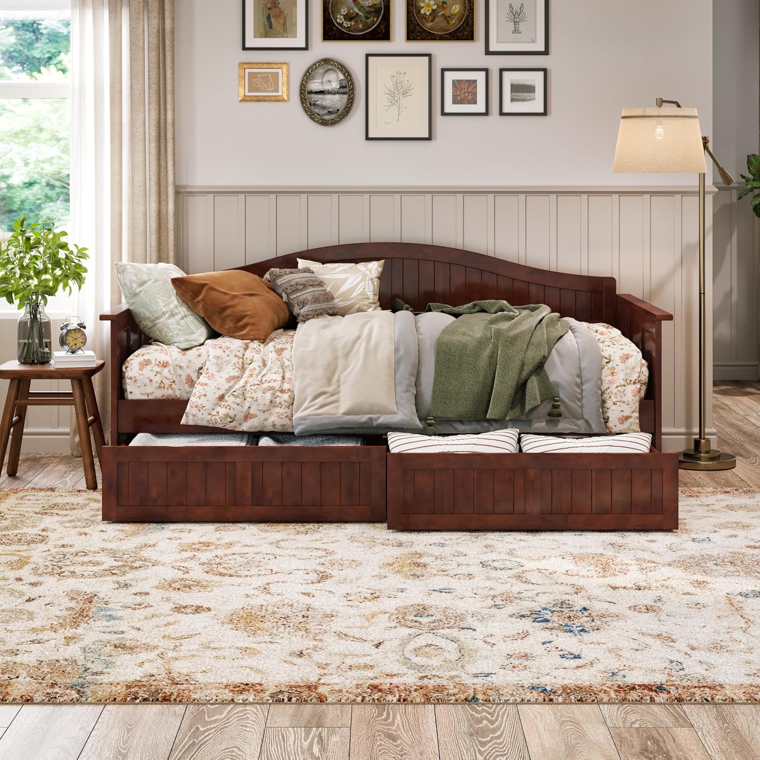 AFI, Nantucket Twin Size Wood Daybed Frame with 2 Storage Drawers, Walnut (Brown)