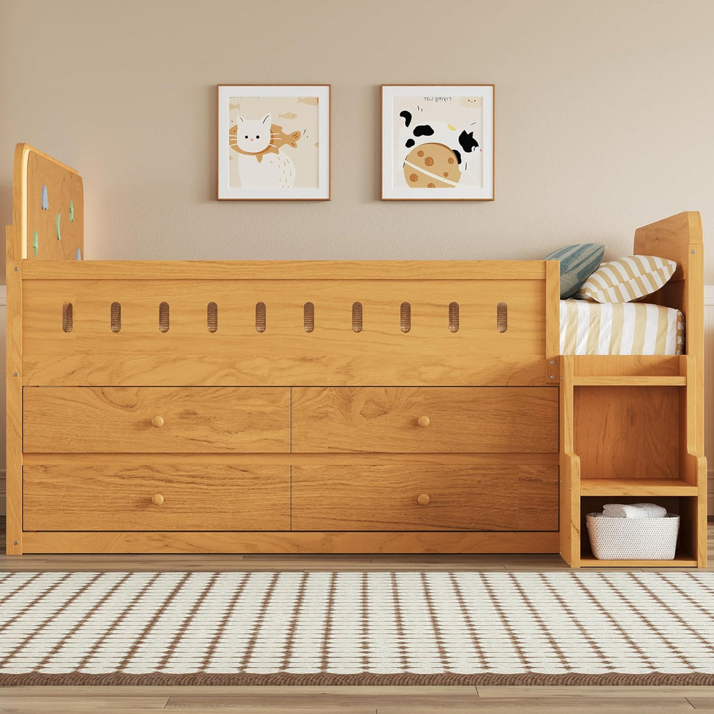 VilroCaz Full Size Platform Bed with Guardrail and 4 Drawers, Wooden Kids Platform Bed Frame with Two-Step Staircases and Light Strip for Boys Girls, Sturdy Slats Support (Wood-11A)