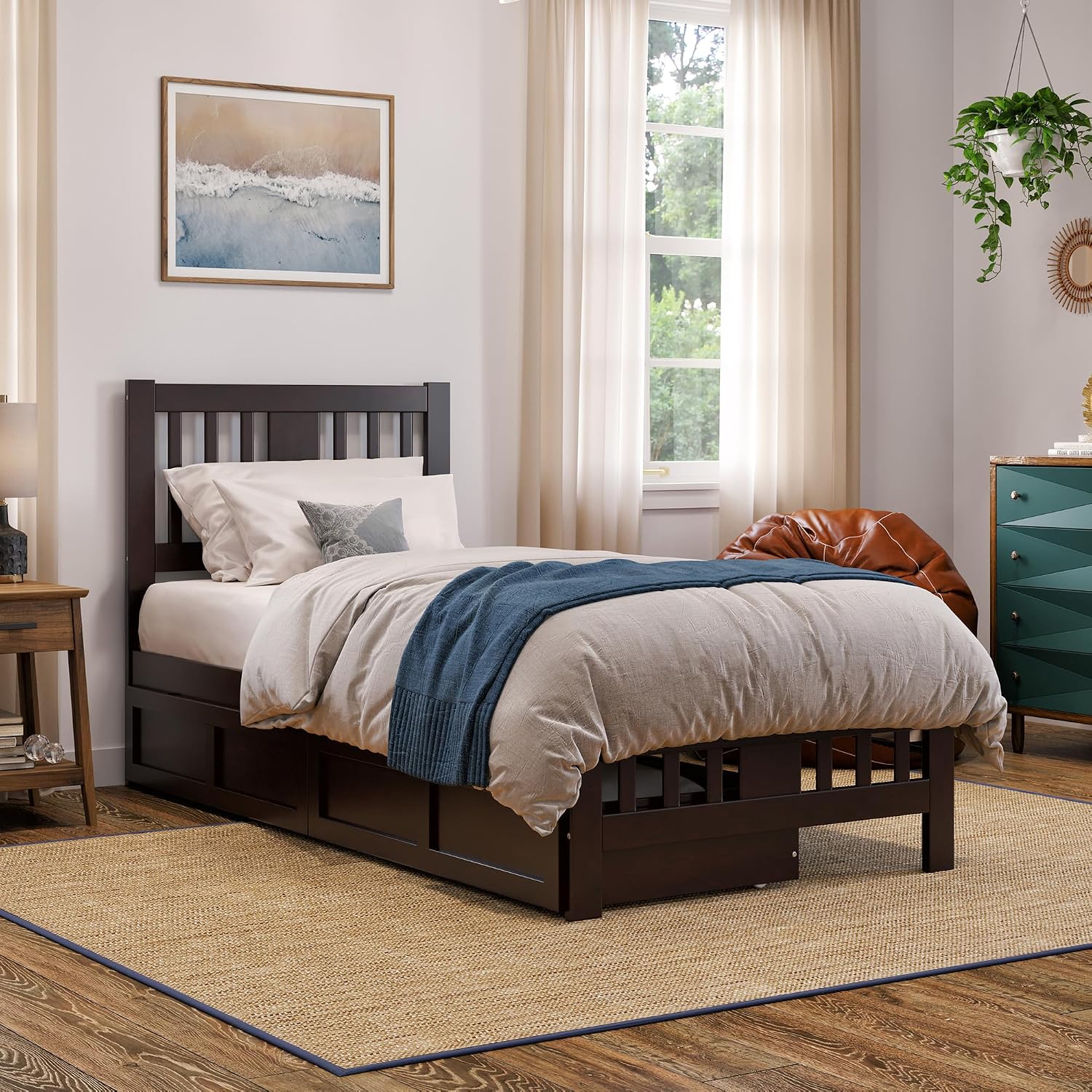 AFI, Tahoe Twin XL Platform Bed with Matching Footboard & Set of 2 Under-Bed Storage Drawers, Espresso