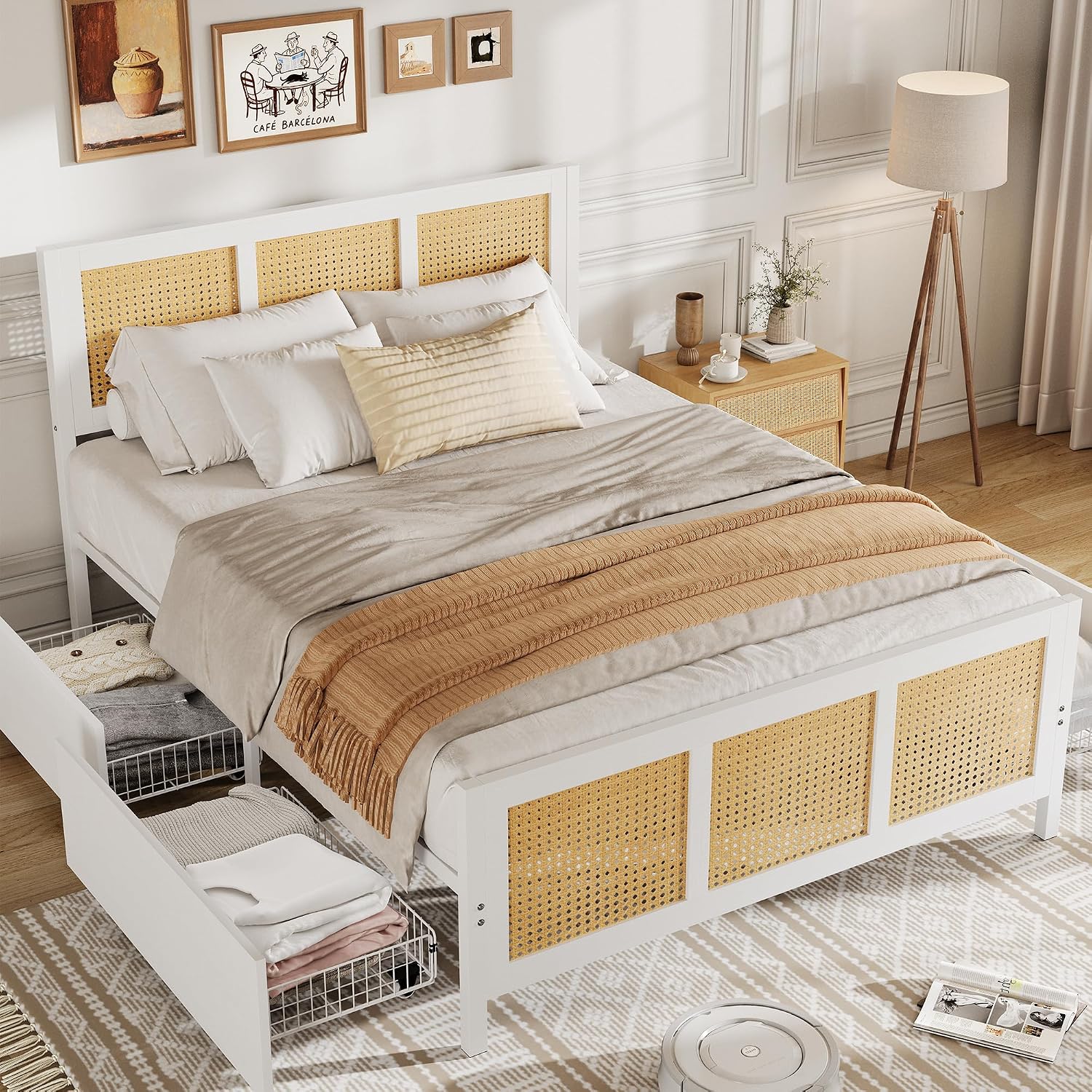 GarveeHome White Rattan Bed Frame with Headboard, Boho Cane Platform Queen Bed Frame with 4 Drawers, Strong Metal Slats Support, Noise Free, No Box Spring Needed