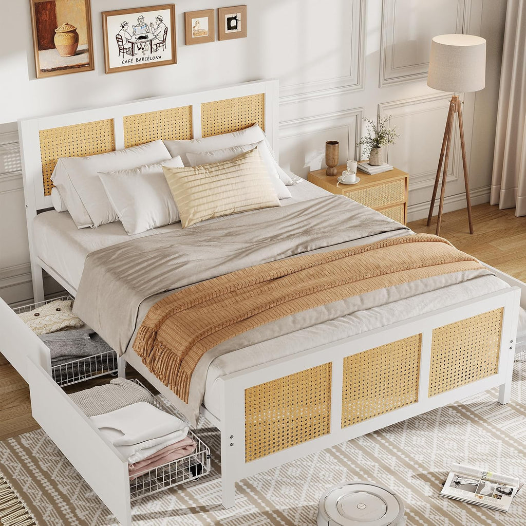 GarveeHome White Rattan Bed Frame with Headboard, Boho Cane Platform Full Size Bed Frame with 4 Drawers, Strong Metal Slats Support, Noise Free, No Box Spring Needed