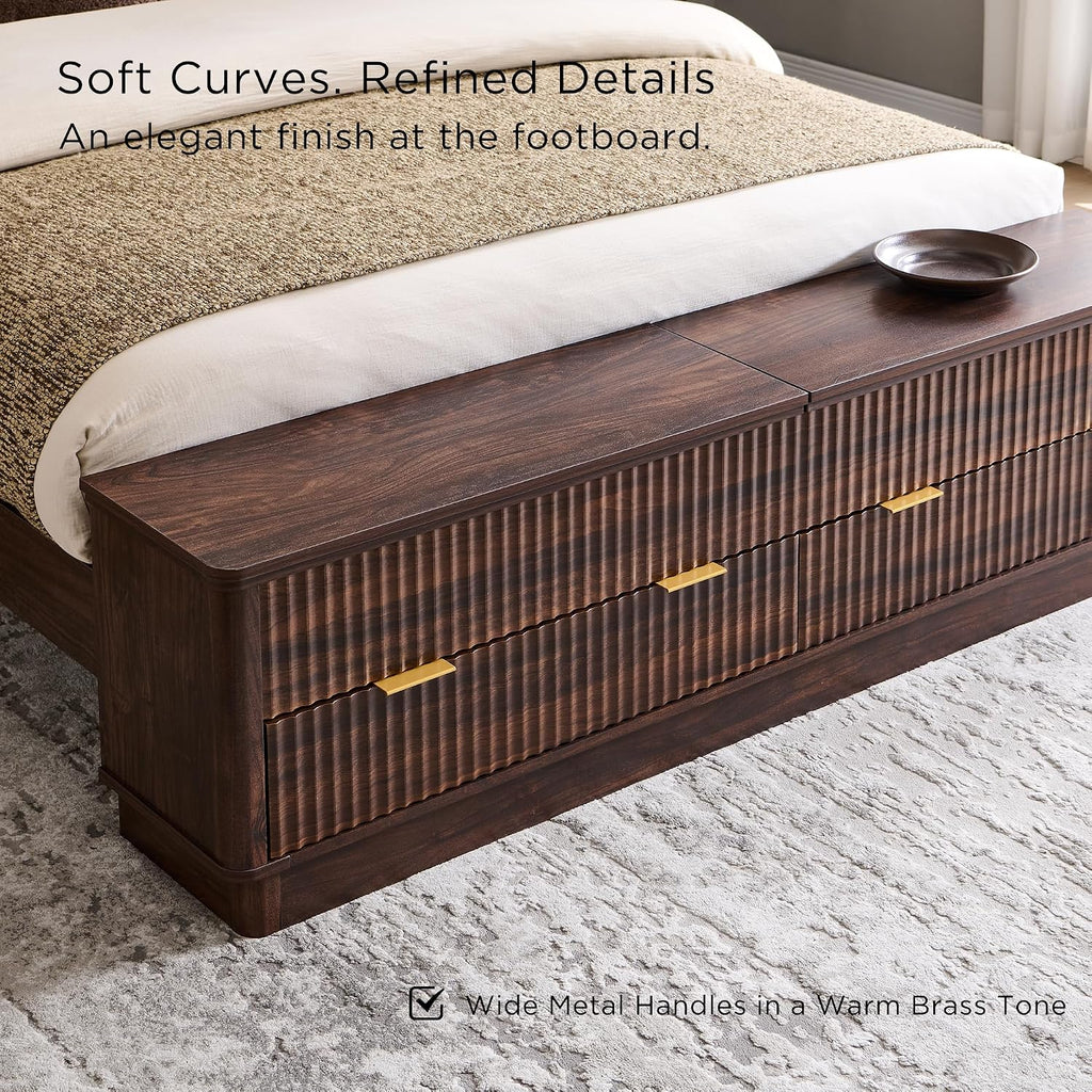 T4TREAM Fluted Queen Size Bed Frame with Wingback Headboard, Footboard Storage Bench with Built-in Drawers & Lift-Up Compartments, Wood & Steel Platform Bed, No Box Spring Needed, Dark Walnut