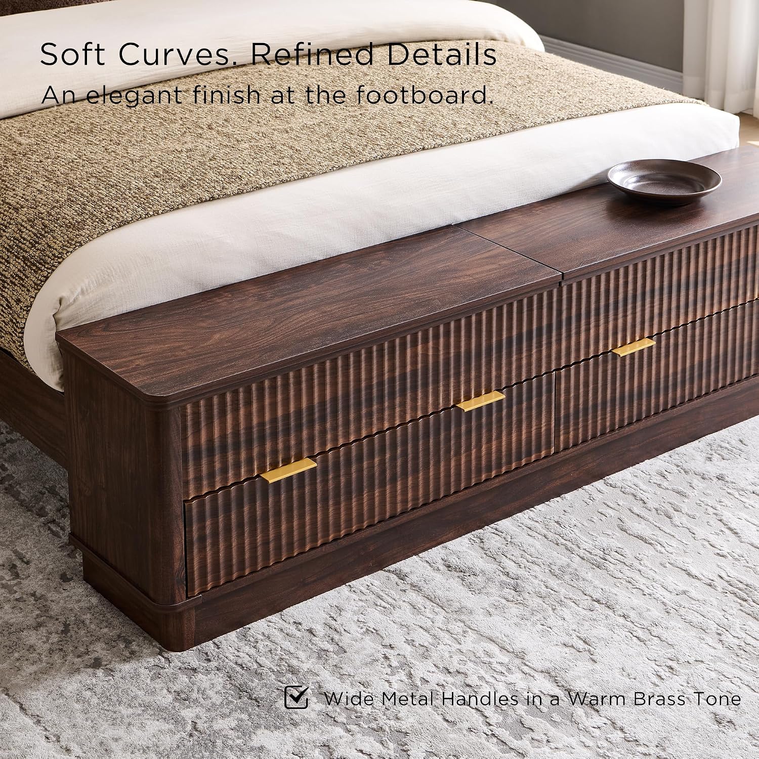 T4TREAM Fluted Queen Size Bed Frame with Wingback Headboard, Footboard Storage Bench with Built-in Drawers & Lift-Up Compartments, Wood & Steel Platform Bed, No Box Spring Needed, Dark Walnut