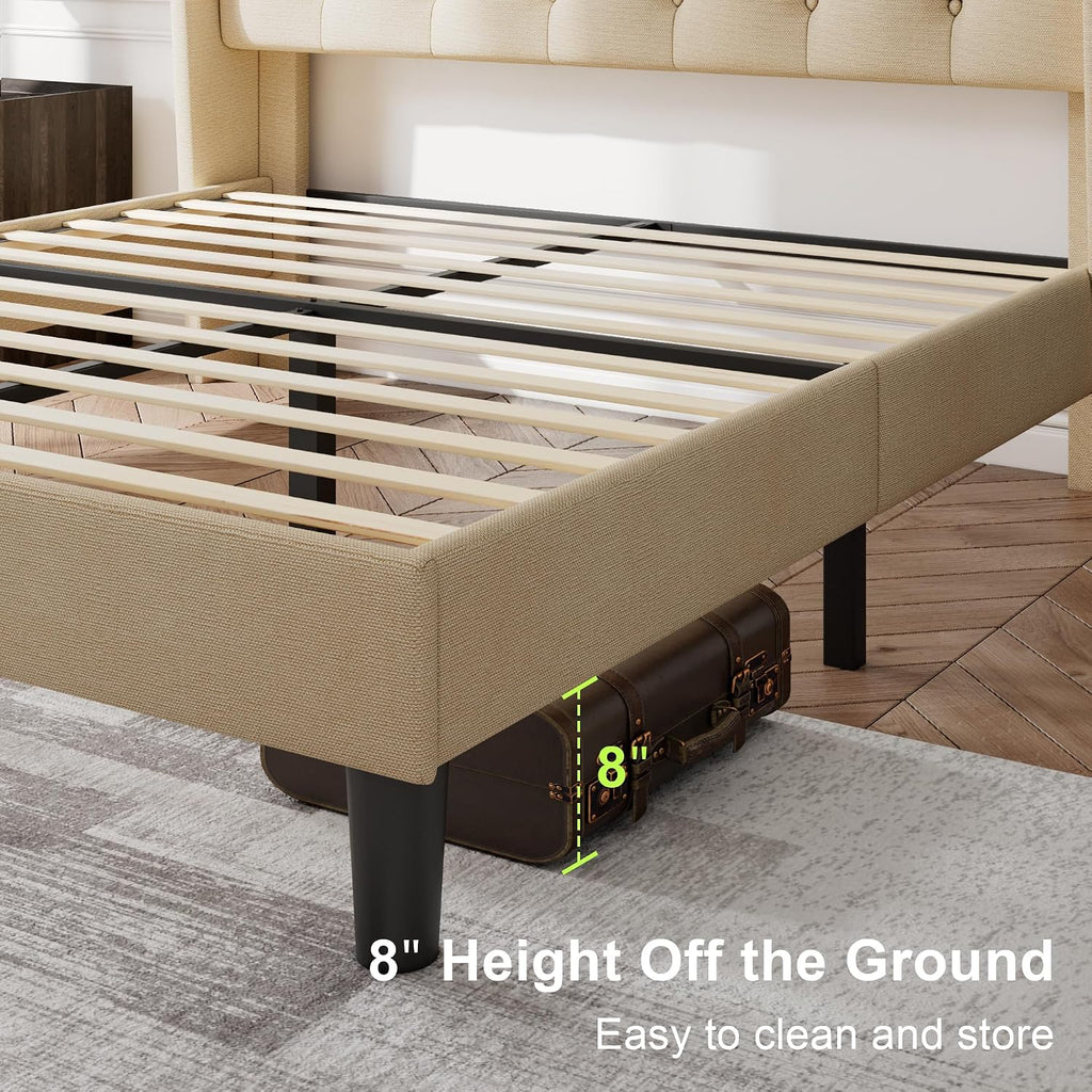 Feonase Full Size Bed Frame with Upholstered Wingback Headboard, Platform Bed and Heavy Duty Wooden Slats Support, Easy Assembly, Noise-Free, No Box Spring Needed, Beige