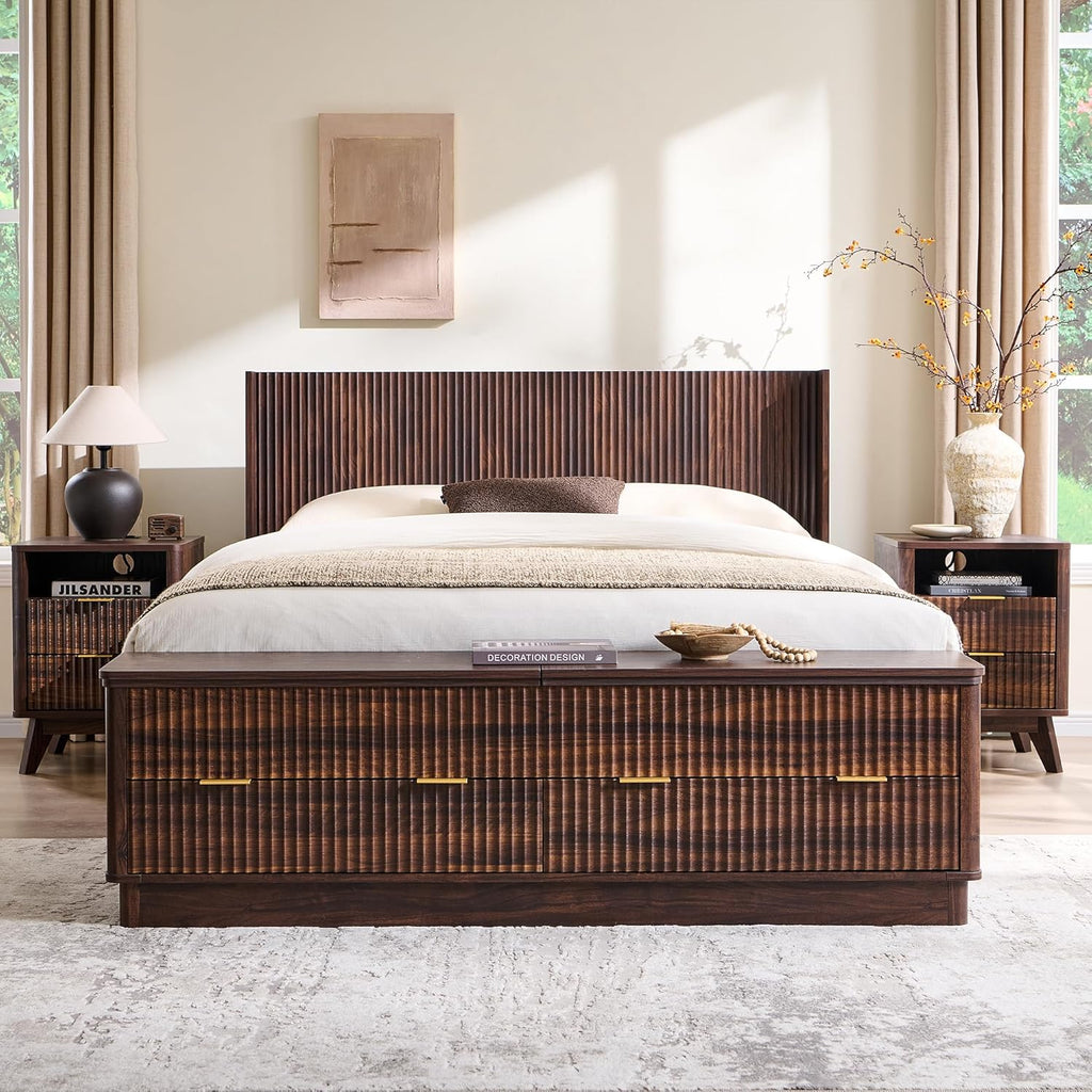 T4TREAM Fluted Queen Size Bed Frame with Wingback Headboard, Footboard Storage Bench with Built-in Drawers & Lift-Up Compartments, Wood & Steel Platform Bed, No Box Spring Needed, Dark Walnut