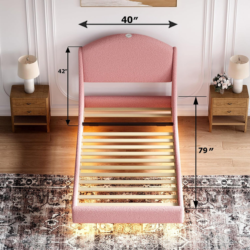 Ailisite Twin Size Floating Bed Frame with Upholstered Headboard and Charging Station, Boucle Platform Bed Frame Queen Size with RGB Led Lights, Strong Wood Slat Support, No Box Spring Needed,Pink