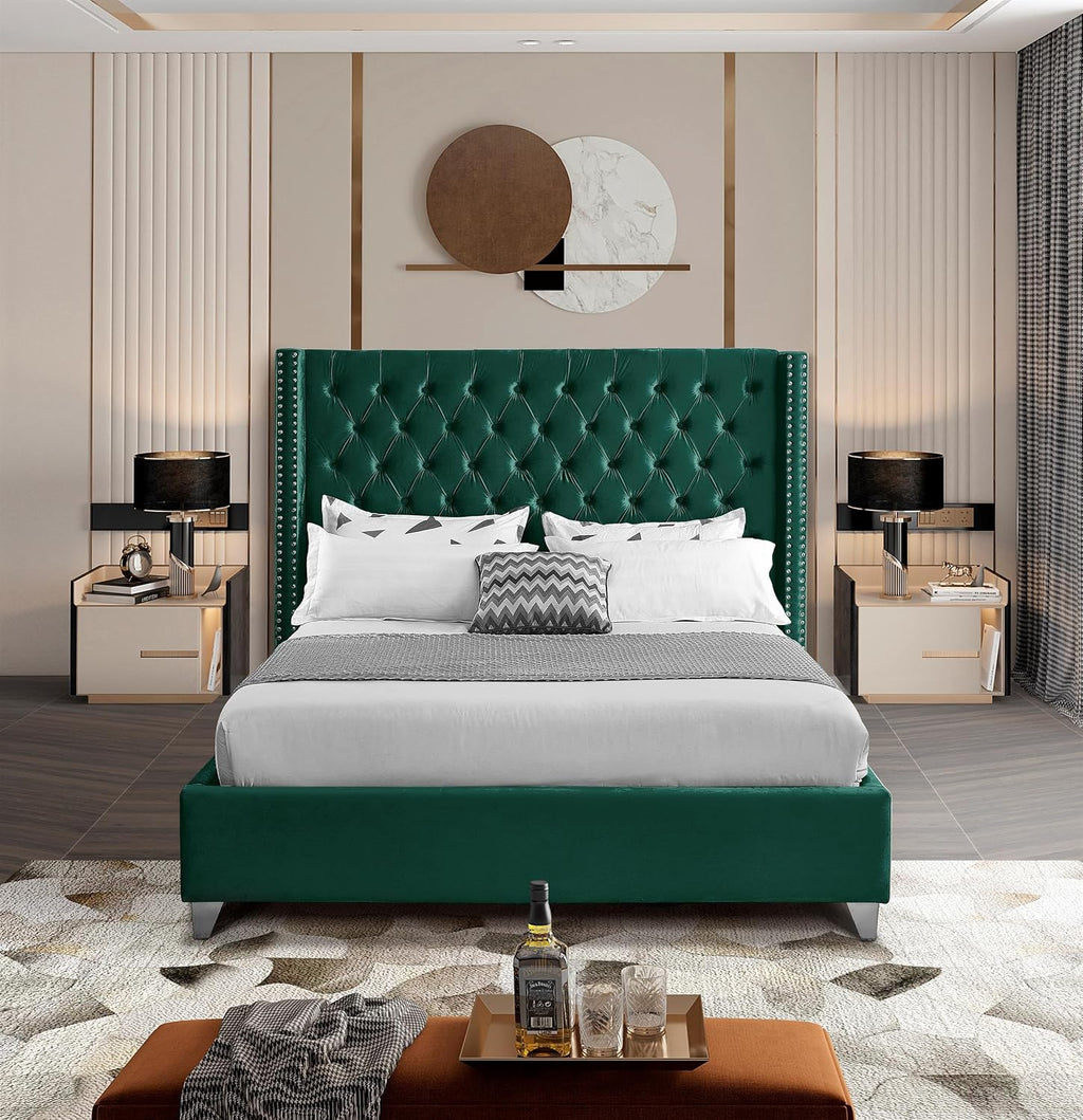 Meridian Furniture Aiden Collection Modern | Contemporary Velvet Upholstered Bed with Deep Button Tufting, Solid Wood Frame, and Custom Chrome Legs, Full, Green