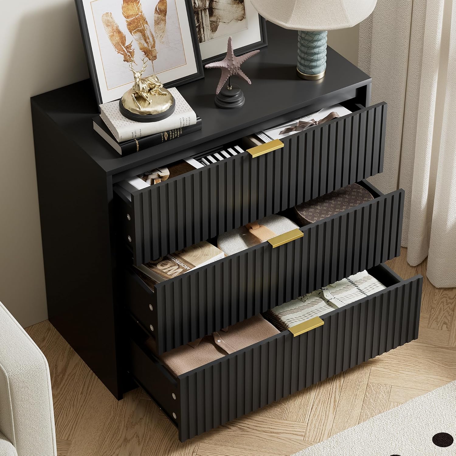Furniway Black Dresser for Bedroom, Modern Dresser with 3 Drawers and Smooth Slides, Wide Chest of Drawers with Golden Handles for Bedroom, Living Room, Closet, 15.7' D x 31.5' W x 29.6' H